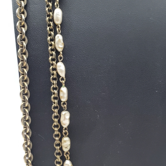 Faux Pearl Rhinestone Necklace Multi Layer Strand Antique Gold Tone Chain 48" L - Picture 4 of 8